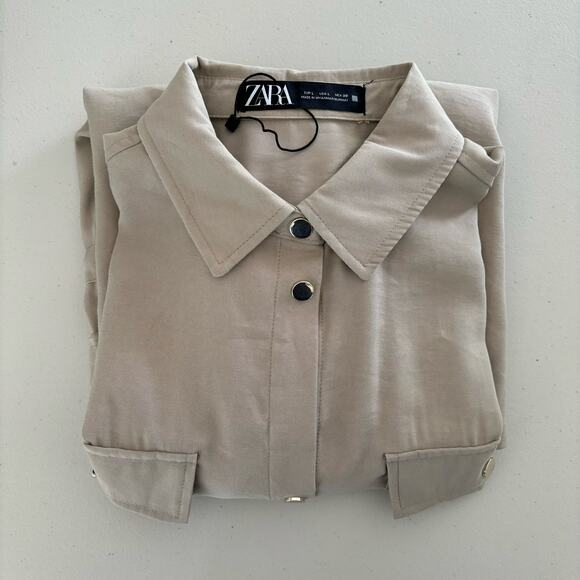 Zara Wome'ns Size Large Button Front Oversized Drawstring Tunic Top Shirt Dress - Picture 11 of 13